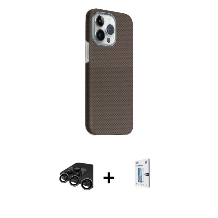 MARSİLYAN™- iPhone 15 Pro Max Kılıf Kozmos Klasik Prime - Siyah Bilvis 0.18mm Plus Cam Ekran Koruyucu + Raze Metal Kamera Lens - TMGI