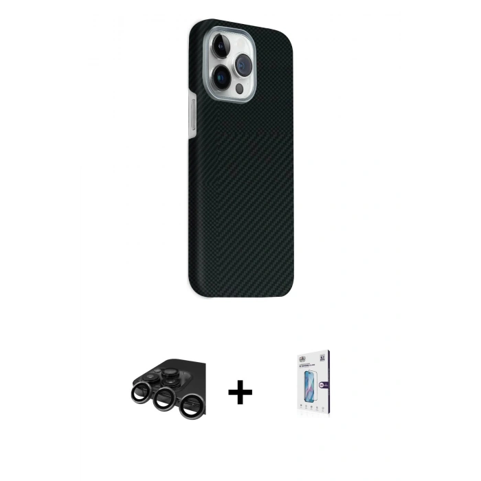 MARSİLYAN™- iPhone 15 Pro Max Kılıf Kozmos Klasik Prime - Siyah Bilvis 0.18mm Plus Cam Ekran Koruyucu + Raze Metal Kamera Lens - TMGI