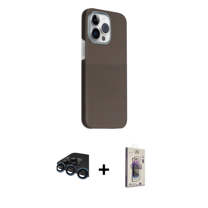 MARSİLYAN™- iPhone 15 Pro Max Kılıf Kozmos Klasik Prime - Siyah Bilvis 3D Cam Ekran Koruyucu + Raze Metal Kamera Lens - LT