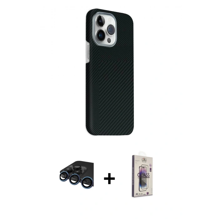 MARSİLYAN™- iPhone 15 Pro Max Kılıf Kozmos Klasik Prime - Siyah Bilvis 3D Cam Ekran Koruyucu + Raze Metal Kamera Lens - LT