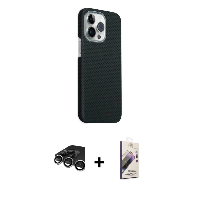 MARSİLYAN™- iPhone 15 Pro Max Kılıf Kozmos Klasik Prime - Siyah Bilvis 3D Mat Cam Ekran Koruyucu + Raze Metal Kamera Lens - GS