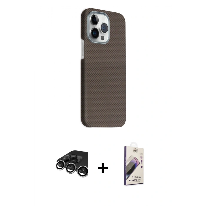 MARSİLYAN™- iPhone 15 Pro Max Kılıf Kozmos Klasik Prime - Siyah Bilvis 3D Mat Cam Ekran Koruyucu + Raze Metal Kamera Lens - GS