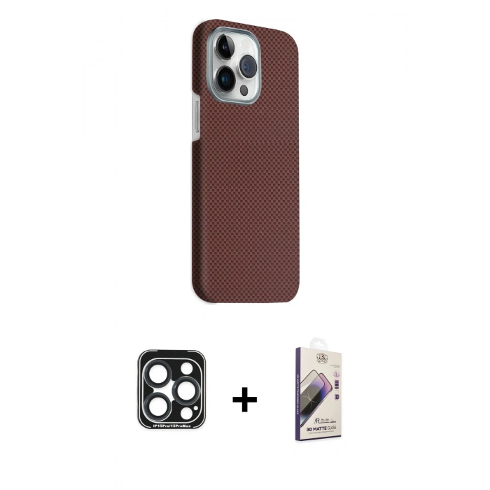 MARSİLYAN™- iPhone 15 Pro Max Kılıf Kozmos Klasik Prime - Siyah Bilvis 3D Mat Cam Ekran Koruyucu + PVD Metal Kamera Lens - LT