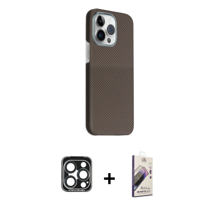 MARSİLYAN™- iPhone 15 Pro Max Kılıf Kozmos Klasik Prime - Siyah Bilvis 3D Mat Cam Ekran Koruyucu + PVD Metal Kamera Lens - LT