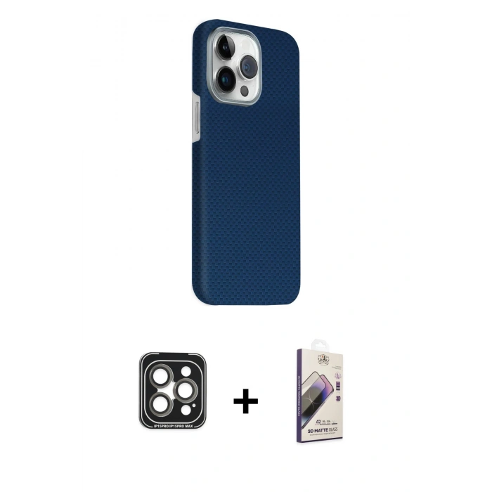 MARSİLYAN™- iPhone 15 Pro Max Kılıf Kozmos Klasik Prime - Siyah Bilvis 3D Mat Cam Ekran Koruyucu + PVD Metal Kamera Lens - GI
