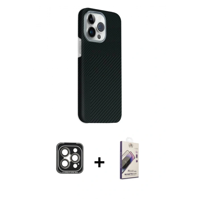 MARSİLYAN™- iPhone 15 Pro Max Kılıf Kozmos Klasik Prime - Siyah Bilvis 3D Mat Cam Ekran Koruyucu + PVD Metal Kamera Lens - GI