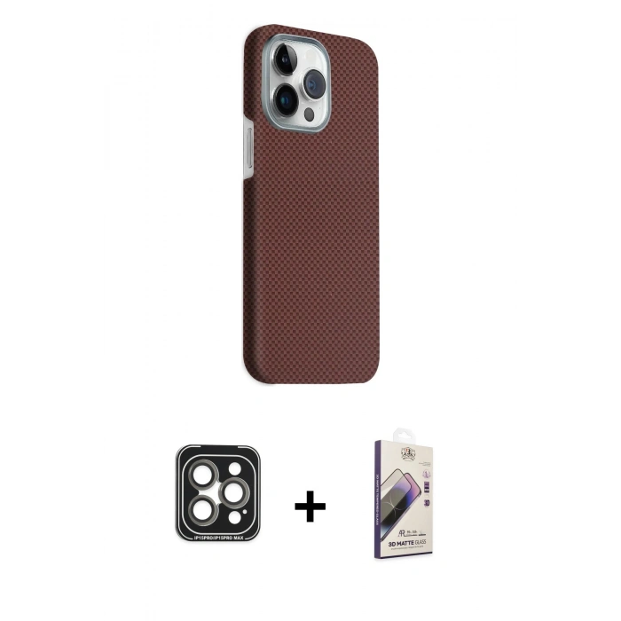 MARSİLYAN™- iPhone 15 Pro Max Kılıf Kozmos Klasik Prime - Siyah Bilvis 3D Mat Cam Ekran Koruyucu + PVD Metal Kamera Lens - GI