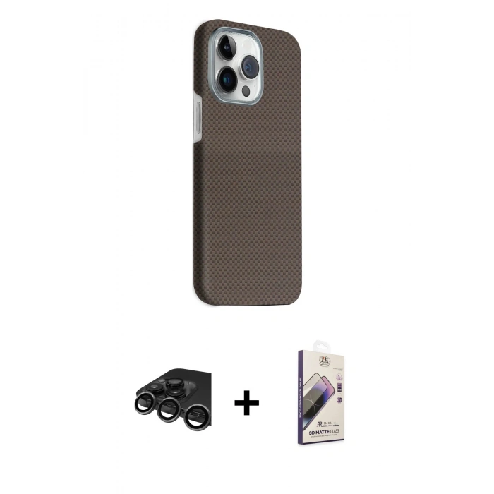 MARSİLYAN™- iPhone 15 Pro Max Kılıf Kozmos Klasik Prime - Siyah Bilvis 3D Mat Cam Ekran Koruyucu + Raze Metal Kamera Lens - TMGI