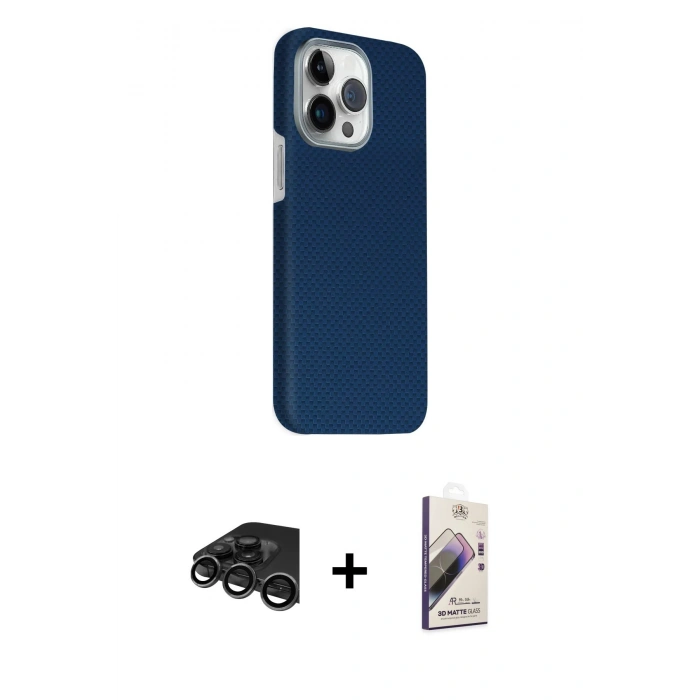 MARSİLYAN™- iPhone 15 Pro Max Kılıf Kozmos Klasik Prime - Siyah Bilvis 3D Mat Cam Ekran Koruyucu + Raze Metal Kamera Lens - TMGI