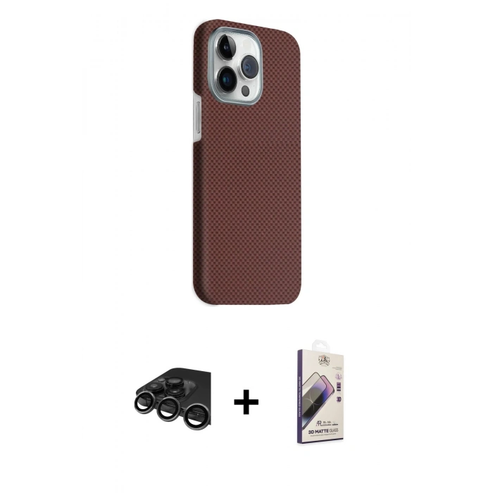 MARSİLYAN™- iPhone 15 Pro Max Kılıf Kozmos Klasik Prime - Siyah Bilvis 3D Mat Cam Ekran Koruyucu + Raze Metal Kamera Lens - TMGI