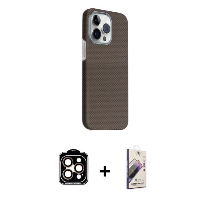 MARSİLYAN™- iPhone 15 Pro Max Kılıf Kozmos Klasik Prime - Siyah Bilvis 3D Mat Cam Ekran Koruyucu + PVD Metal Kamera Lens - TU