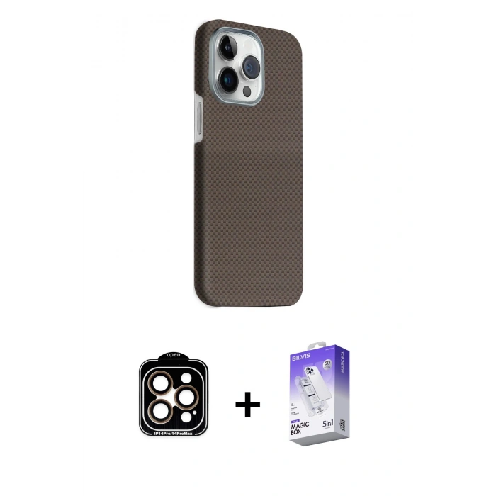 MARSİLYAN™- iPhone 15 Pro Max Kılıf Kozmos Klasik Prime - Siyah Bilvis 5in1 3D Magic Cam Ekran Koruyucu + PVD Metal Kamera Lens - TU
