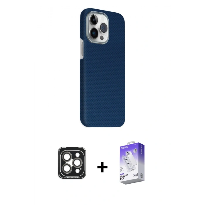 MARSİLYAN™- iPhone 15 Pro Max Kılıf Kozmos Klasik Prime - Siyah Bilvis 5in1 3D Magic Cam Ekran Koruyucu + PVD Metal Kamera Lens - GI