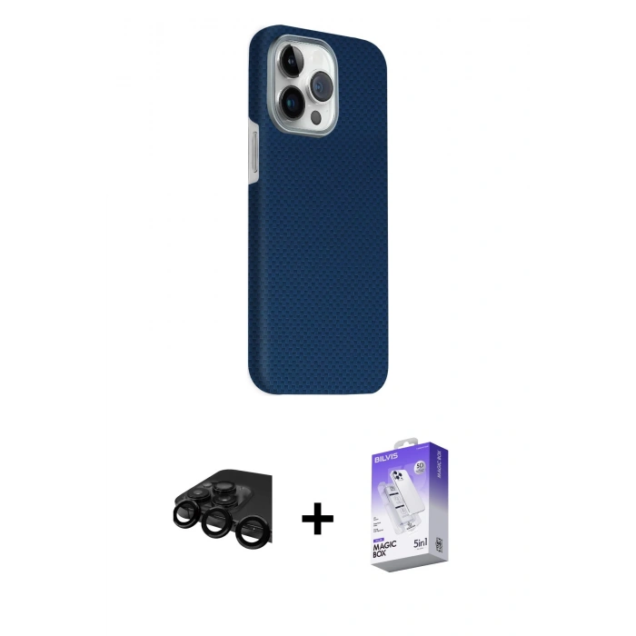 MARSİLYAN™- iPhone 15 Pro Max Kılıf Kozmos Klasik Prime - Siyah Bilvis 5in1 3D Magic Cam Ekran Koruyucu + Raze Metal Kamera Lens - SH
