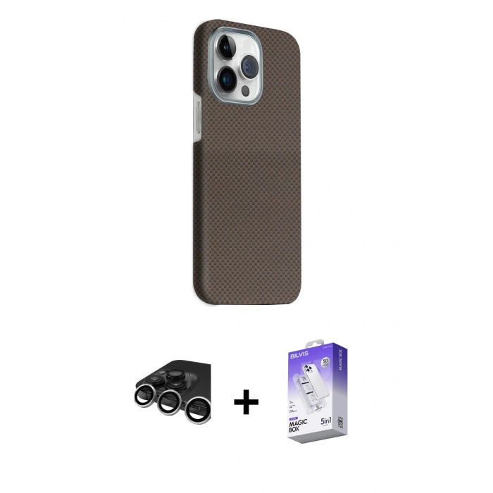 MARSİLYAN™- iPhone 15 Pro Max Kılıf Kozmos Klasik Prime - Siyah Bilvis 5in1 3D Magic Cam Ekran Koruyucu + Raze Metal Kamera Lens - GS