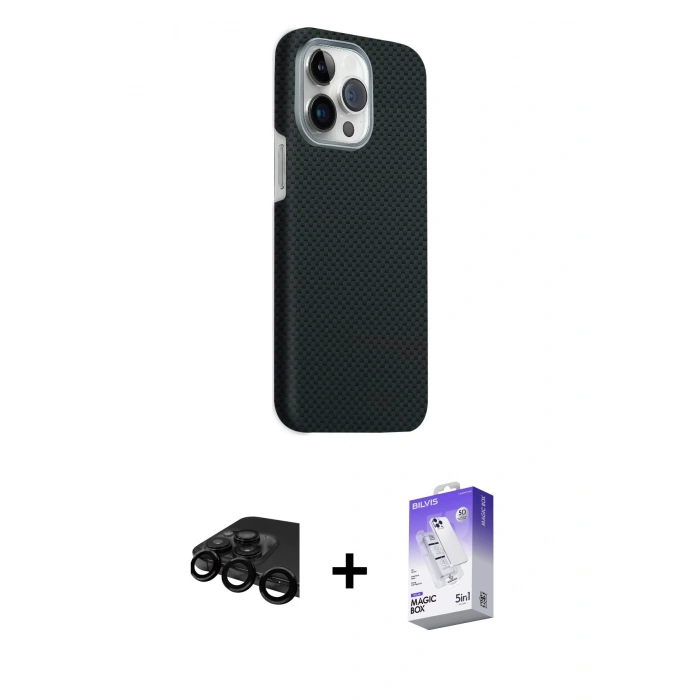 MARSİLYAN™- iPhone 15 Pro Max Kılıf Kozmos Klasik Prime - Siyah Bilvis 5in1 3D Magic Cam Ekran Koruyucu + Raze Metal Kamera Lens - SH