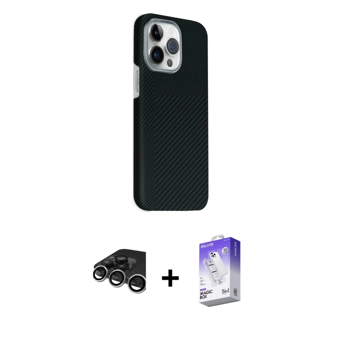 MARSİLYAN™- iPhone 15 Pro Max Kılıf Kozmos Klasik Prime - Siyah Bilvis 5in1 3D Magic Cam Ekran Koruyucu + Raze Metal Kamera Lens - GS