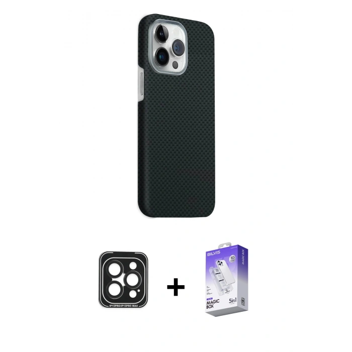 MARSİLYAN™- iPhone 15 Pro Max Kılıf Kozmos Klasik Prime - Siyah Bilvis 5in1 3D Magic Cam Ekran Koruyucu + PVD Metal Kamera Lens - SH