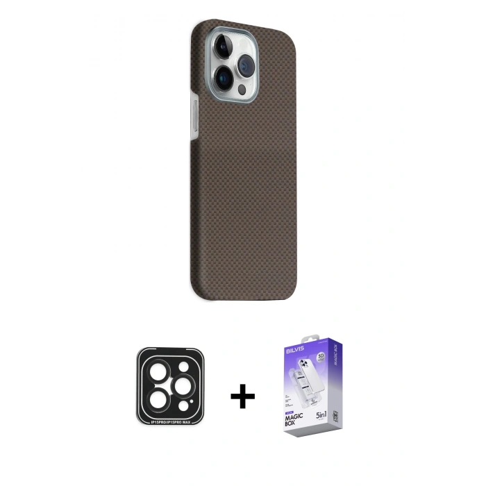 MARSİLYAN™- iPhone 15 Pro Max Kılıf Kozmos Klasik Prime - Siyah Bilvis 5in1 3D Magic Cam Ekran Koruyucu + PVD Metal Kamera Lens - SH
