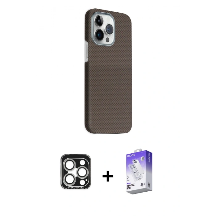 MARSİLYAN™- iPhone 15 Pro Max Kılıf Kozmos Klasik Prime - Siyah Bilvis 5in1 3D Magic Cam Ekran Koruyucu + PVD Metal Kamera Lens - GS