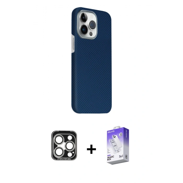 MARSİLYAN™- iPhone 15 Pro Max Kılıf Kozmos Klasik Prime - Siyah Bilvis 5in1 3D Magic Cam Ekran Koruyucu + PVD Metal Kamera Lens - GS