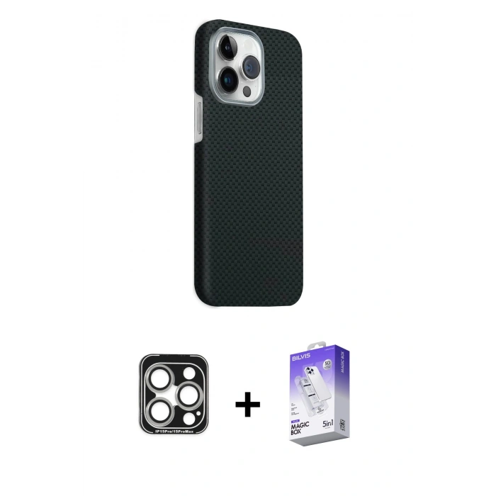 MARSİLYAN™- iPhone 15 Pro Max Kılıf Kozmos Klasik Prime - Siyah Bilvis 5in1 3D Magic Cam Ekran Koruyucu + PVD Metal Kamera Lens - GS