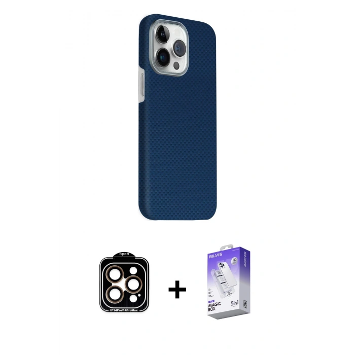MARSİLYAN™- iPhone 15 Pro Max Kılıf Kozmos Klasik Prime - Siyah Bilvis 5in1 3D Magic Cam Ekran Koruyucu + PVD Metal Kamera Lens - TU