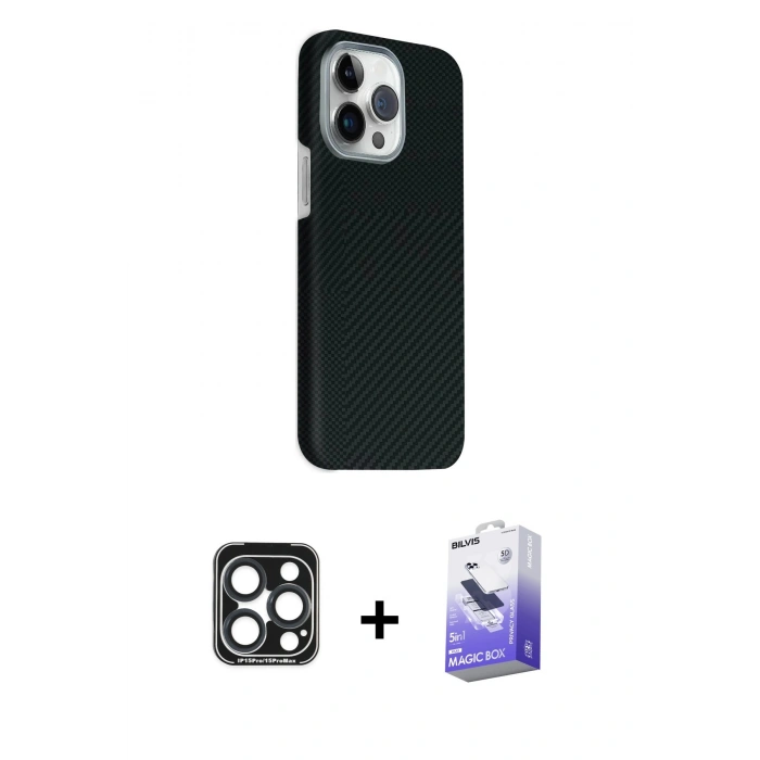 MARSİLYAN™- iPhone 15 Pro Max Kılıf Kozmos Klasik Prime - Siyah Bilvis 5in1 5D Magic Hayalet Cam Ekran Koruyucu + PVD Metal Kamera Lens - LT