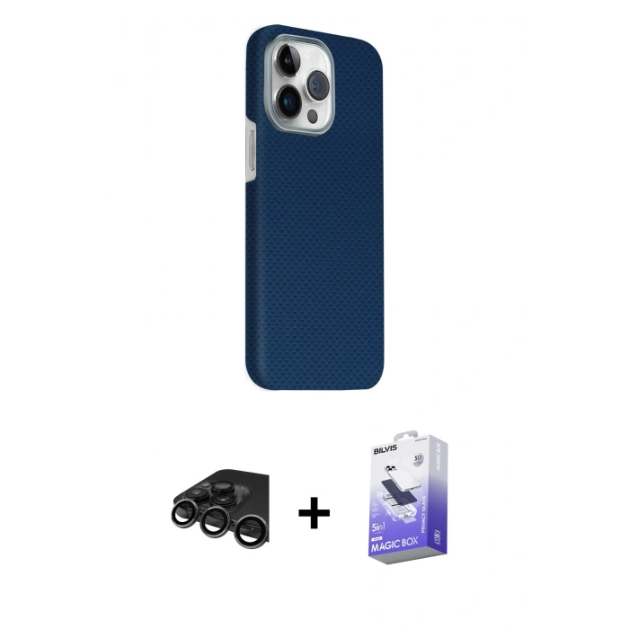 MARSİLYAN™- iPhone 15 Pro Max Kılıf Kozmos Klasik Prime - Siyah Bilvis 5in1 5D Magic Hayalet Cam Ekran Koruyucu + Titanyum Gri Raze Metal Kamera Lens