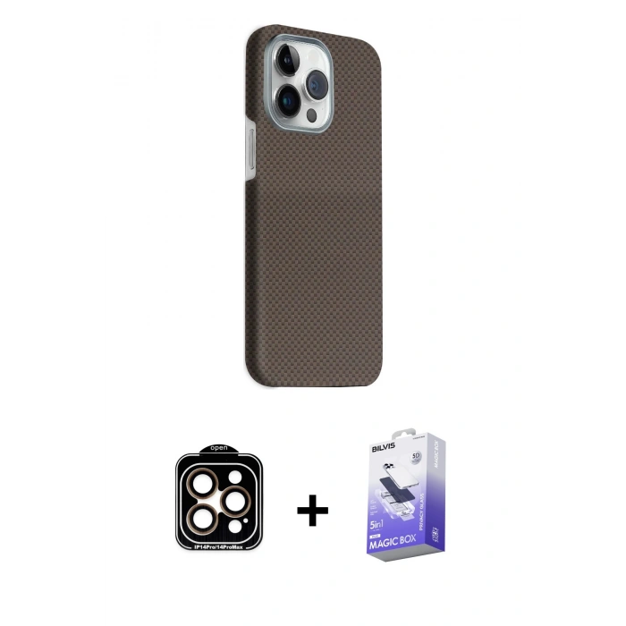 MARSİLYAN™- iPhone 15 Pro Max Kılıf Kozmos Klasik Prime - Siyah Bilvis 5in1 5D Magic Hayalet Cam Ekran Koruyucu + PVD Metal Kamera Lens - TU
