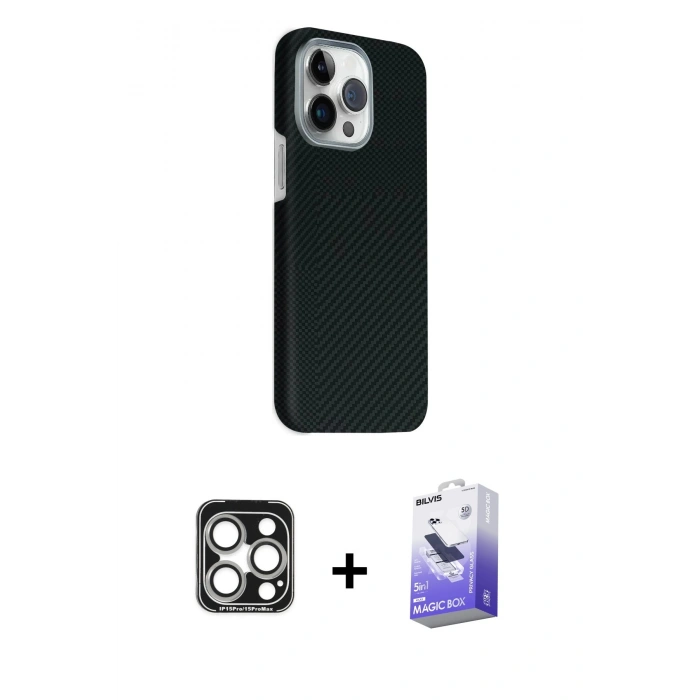 MARSİLYAN™- iPhone 15 Pro Max Kılıf Kozmos Klasik Prime - Siyah Bilvis 5in1 5D Magic Hayalet Cam Ekran Koruyucu + PVD Metal Kamera Lens - GS