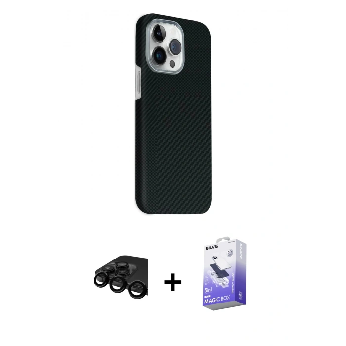 MARSİLYAN™- iPhone 15 Pro Max Kılıf Kozmos Klasik Prime - Siyah Bilvis 5in1 5D Magic Hayalet Cam Ekran Koruyucu + Raze Metal Kamera Lens - SH