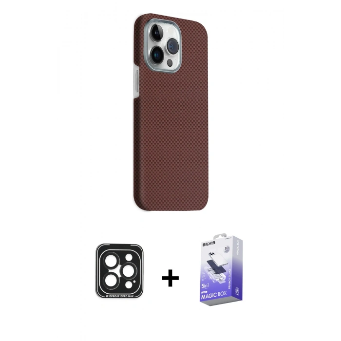 MARSİLYAN™- iPhone 15 Pro Max Kılıf Kozmos Klasik Prime - Siyah Bilvis 5in1 5D Magic Hayalet Cam Ekran Koruyucu + PVD Metal Kamera Lens - SH