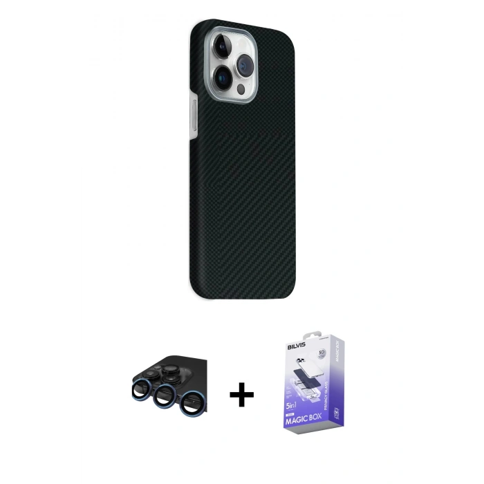 MARSİLYAN™- iPhone 15 Pro Max Kılıf Kozmos Klasik Prime - Siyah Bilvis 5in1 5D Magic Hayalet Cam Ekran Koruyucu + Raze Metal Kamera Lens - LT