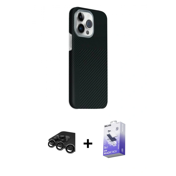 MARSİLYAN™- iPhone 15 Pro Max Kılıf Kozmos Klasik Prime - Siyah Bilvis 5in1 5D Magic Hayalet Cam Ekran Koruyucu + Titanyum Gri Raze Metal Kamera Lens
