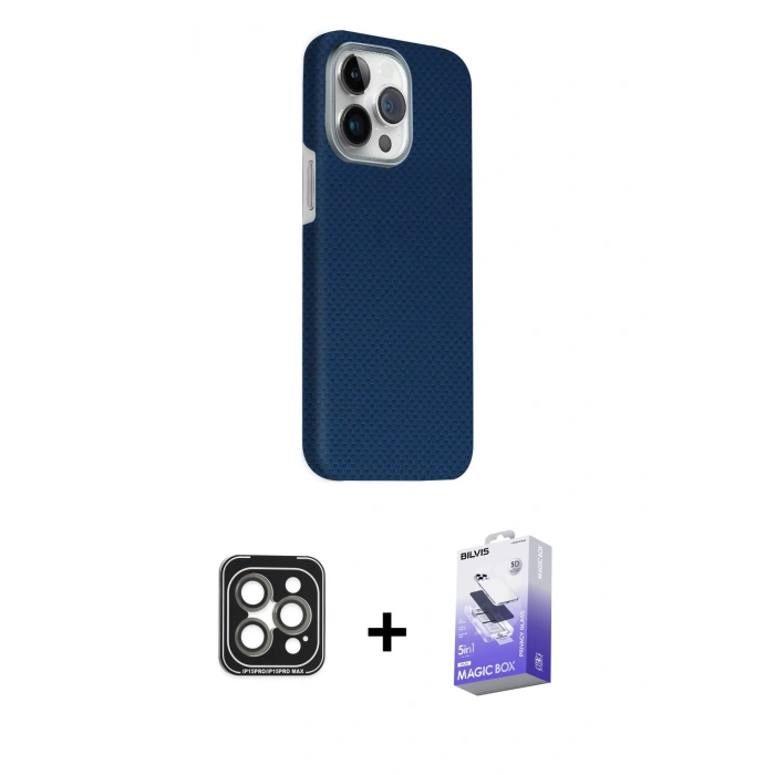 MARSİLYAN™- iPhone 15 Pro Max Kılıf Kozmos Klasik Prime - Siyah Bilvis 5in1 5D Magic Hayalet Cam Ekran Koruyucu + PVD Metal Kamera Lens - GI