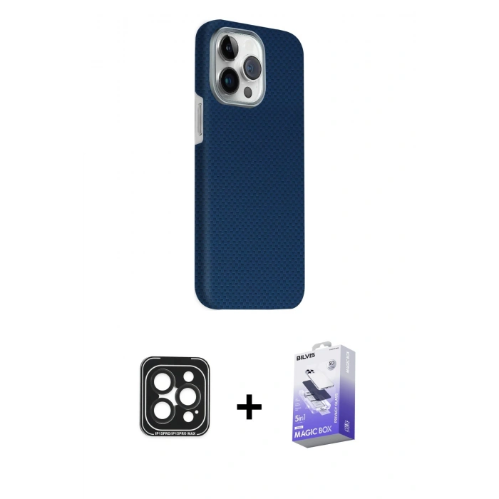 MARSİLYAN™- iPhone 15 Pro Max Kılıf Kozmos Klasik Prime - Siyah Bilvis 5in1 5D Magic Hayalet Cam Ekran Koruyucu + PVD Metal Kamera Lens - SH