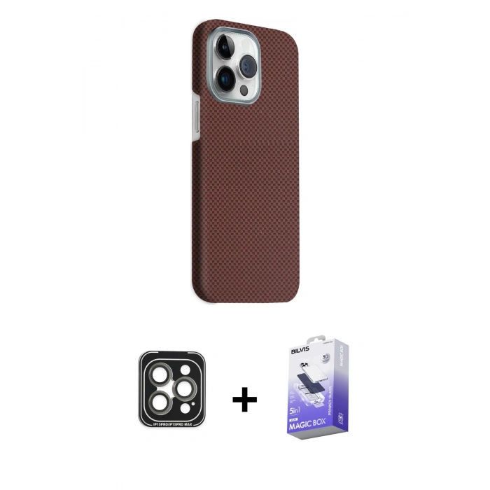 MARSİLYAN™- iPhone 15 Pro Max Kılıf Kozmos Klasik Prime - Siyah Bilvis 5in1 5D Magic Hayalet Cam Ekran Koruyucu + PVD Metal Kamera Lens - GI