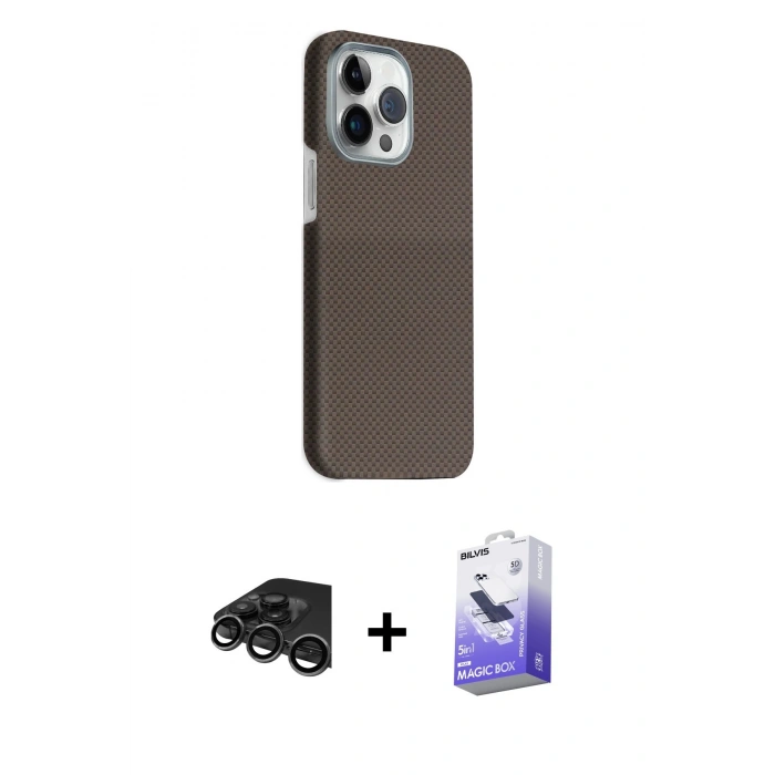 MARSİLYAN™- iPhone 15 Pro Max Kılıf Kozmos Klasik Prime - Siyah Bilvis 5in1 5D Magic Hayalet Cam Ekran Koruyucu + Titanyum Gri Raze Metal Kamera Lens
