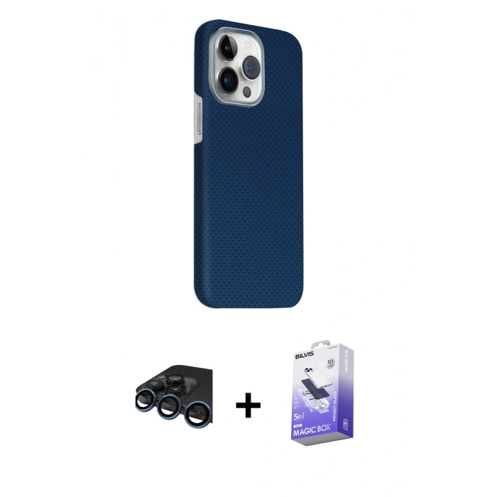 MARSİLYAN™- iPhone 15 Pro Max Kılıf Kozmos Klasik Prime - Siyah Bilvis 5in1 5D Magic Hayalet Cam Ekran Koruyucu + Raze Metal Kamera Lens - LT