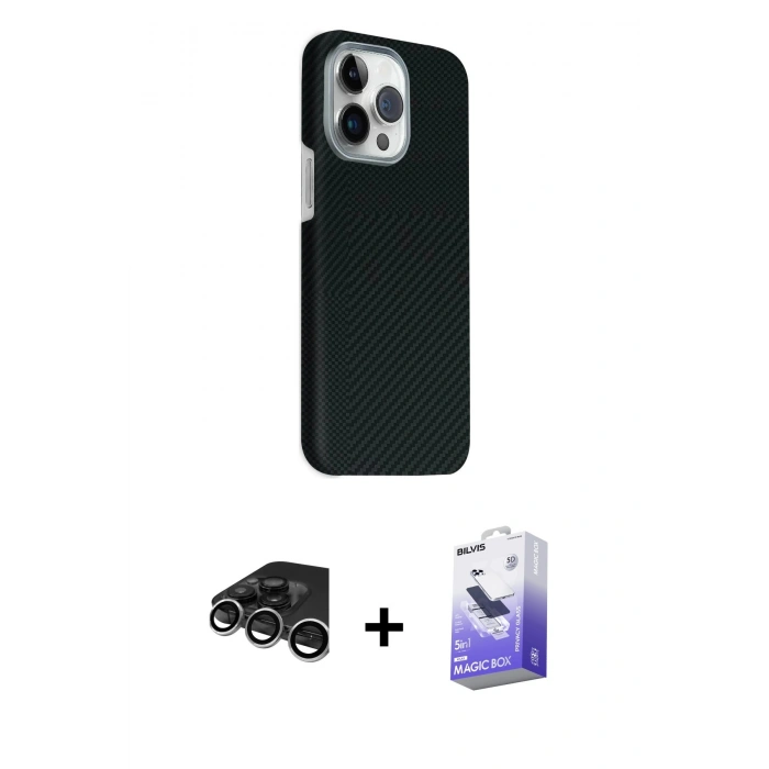 MARSİLYAN™- iPhone 15 Pro Max Kılıf Kozmos Klasik Prime - Siyah Bilvis 5in1 5D Magic Hayalet Cam Ekran Koruyucu + Raze Metal Kamera Lens - GS