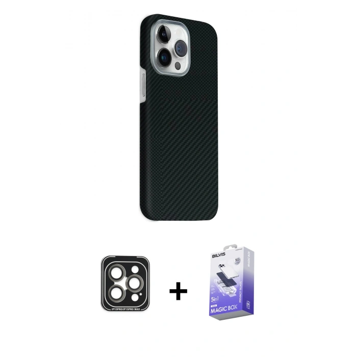 MARSİLYAN™- iPhone 15 Pro Max Kılıf Kozmos Klasik Prime - Siyah Bilvis 5in1 5D Magic Hayalet Cam Ekran Koruyucu + PVD Metal Kamera Lens - GI
