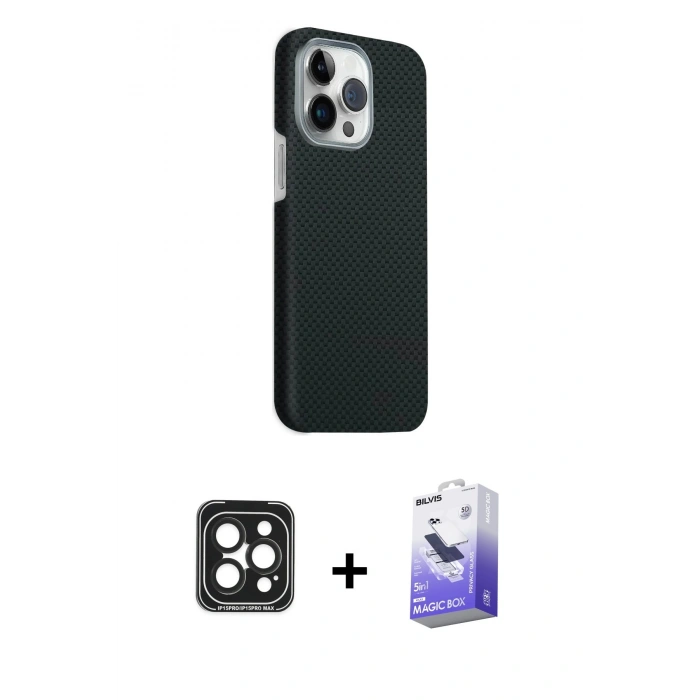MARSİLYAN™- iPhone 15 Pro Max Kılıf Kozmos Klasik Prime - Siyah Bilvis 5in1 5D Magic Hayalet Cam Ekran Koruyucu + PVD Metal Kamera Lens - SH