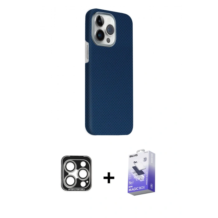 MARSİLYAN™- iPhone 15 Pro Max Kılıf Kozmos Klasik Prime - Siyah Bilvis 5in1 5D Magic Hayalet Cam Ekran Koruyucu + PVD Metal Kamera Lens - GS