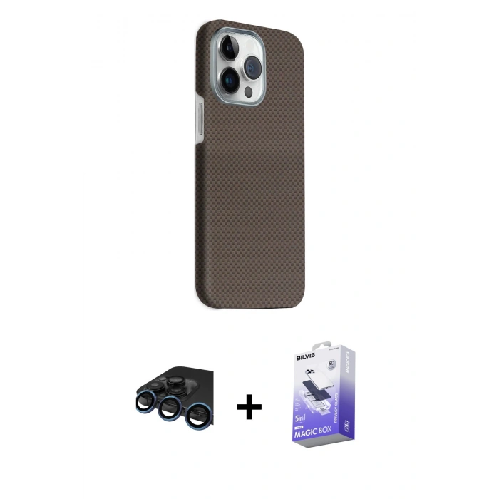 MARSİLYAN™- iPhone 15 Pro Max Kılıf Kozmos Klasik Prime - Siyah Bilvis 5in1 5D Magic Hayalet Cam Ekran Koruyucu + Raze Metal Kamera Lens - LT