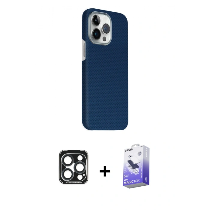 MARSİLYAN™- iPhone 15 Pro Max Kılıf Kozmos Klasik Prime - Siyah Bilvis 5in1 5D Magic Hayalet Cam Ekran Koruyucu + PVD Metal Kamera Lens - LT