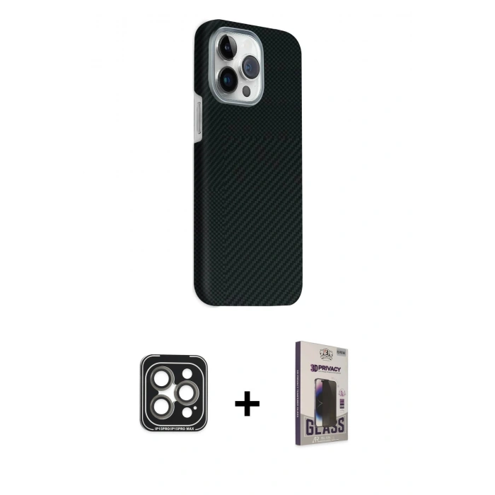MARSİLYAN™- iPhone 15 Pro Max Kılıf Kozmos Klasik Prime - Siyah Bilvis Hayalet Cam Ekran Koruyucu + PVD Metal Kamera Lens - GI
