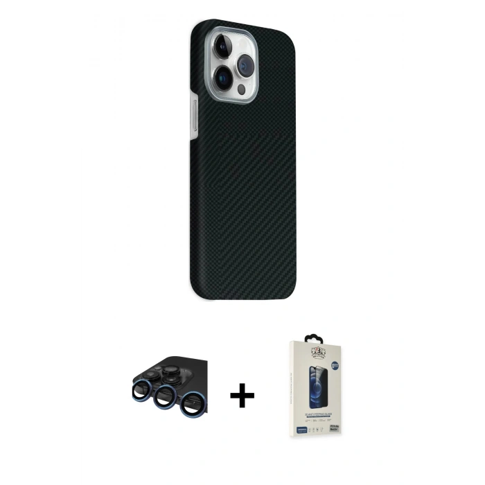 MARSİLYAN™- iPhone 15 Pro Max Kılıf Kozmos Klasik Prime - Siyah Bilvis Hayalet Cam Ekran Koruyucu + Raze Metal Kamera Lens - LT