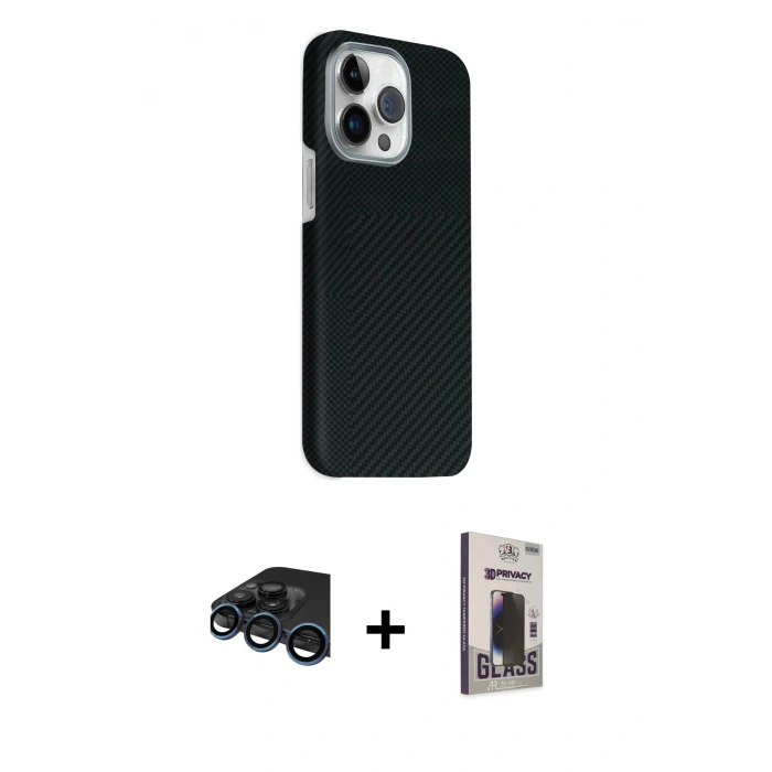 MARSİLYAN™- iPhone 15 Pro Max Kılıf Kozmos Klasik Prime - Siyah Bilvis Hayalet Cam Ekran Koruyucu + Raze Metal Kamera Lens - LT