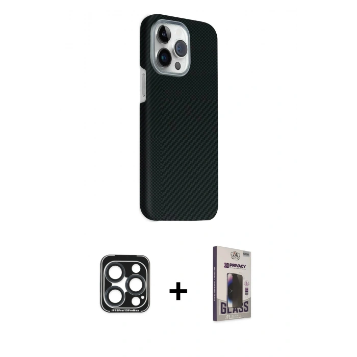 MARSİLYAN™- iPhone 15 Pro Max Kılıf Kozmos Klasik Prime - Siyah Bilvis Hayalet Cam Ekran Koruyucu + PVD Metal Kamera Lens - LT